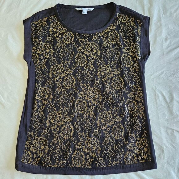 Diane Von Furstenberg Top Womens US 6 Black Gold Lace Silk SS Whimsigoth Boho - Picture 6 of 12
